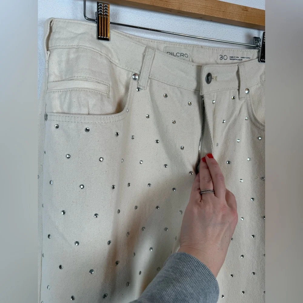 NWT Anthropologie Pilcro Sparkle Relaxed Wide Leg Cuff Jeans Ivory 30